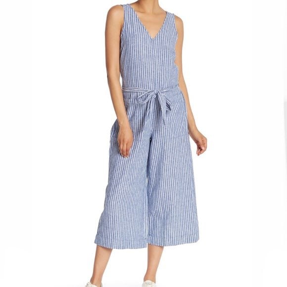 AKIRA Womens Vertical Stripes Smocked Bodice Cropped Wide Leg Culotte Jumpsuit Playsuit AKIRA Womens Vertical Stripes Smocked Bodice Cropped Wide Leg Culotte Jumpsuit Playsuit